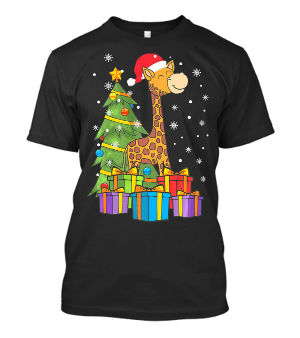 Christmas Giraffe Santa With Tree Lights And Presents T-Shirt