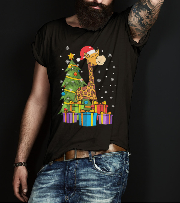 Christmas Giraffe Santa With Tree Lights And Presents T-Shirt