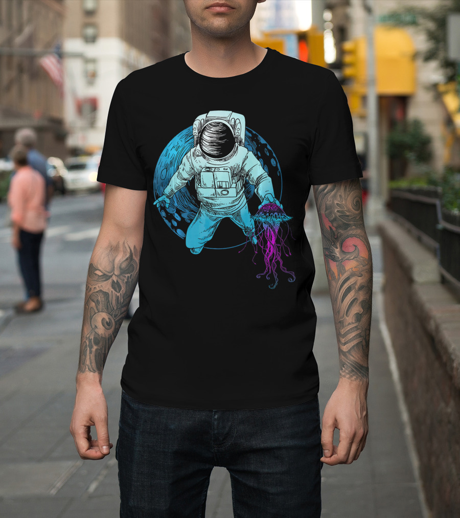 Astronaut with Jellyfish in Space and Underwater Fusion T-Shirt