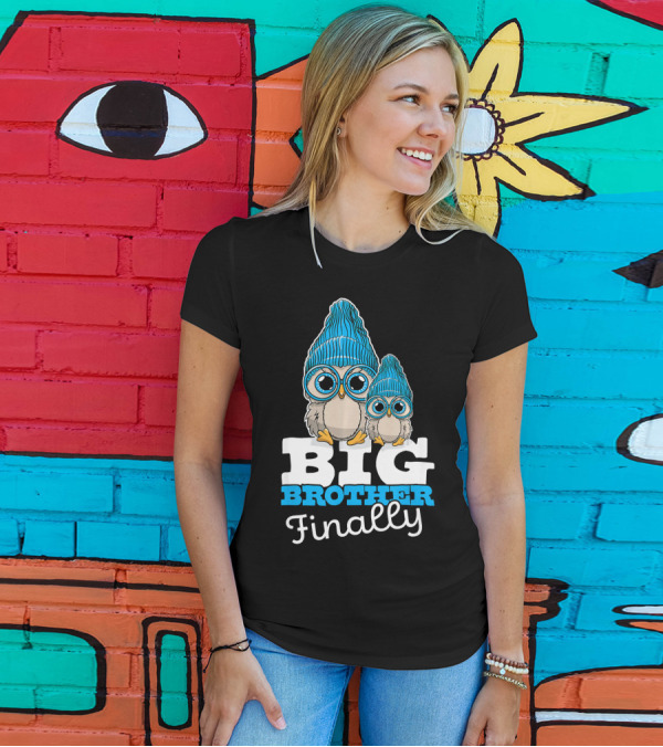 Big Brother Finally Cute Owl With Blue Beanies T-Shirt