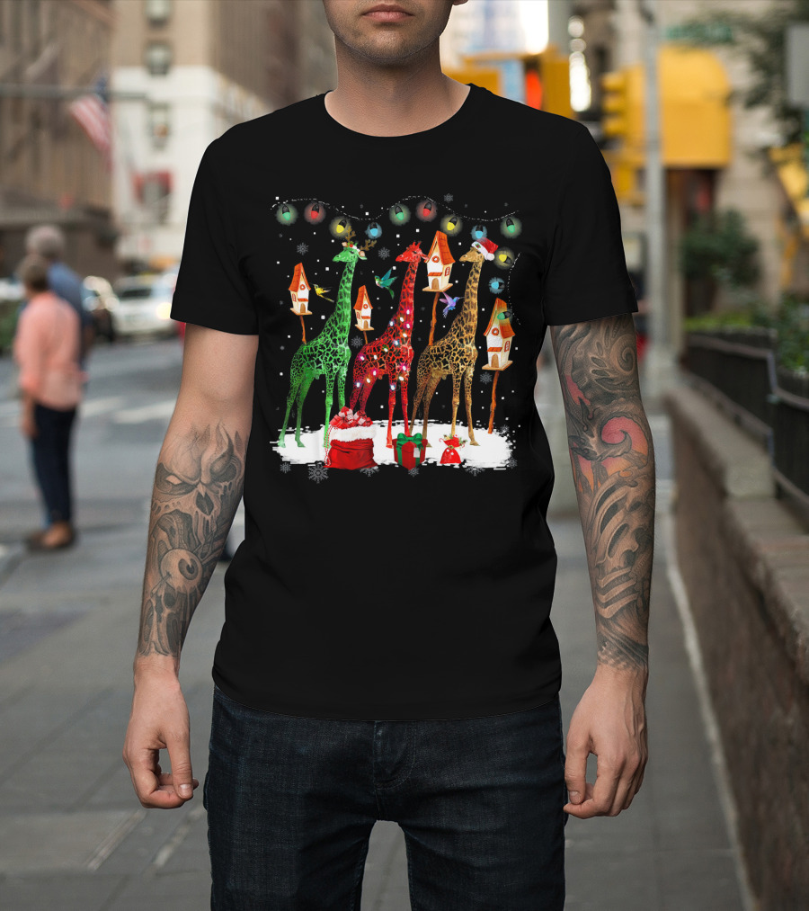 Giraffe Christmas Lights Reindeer Santa Hats Birdhouses Snowflakes T-Shirt