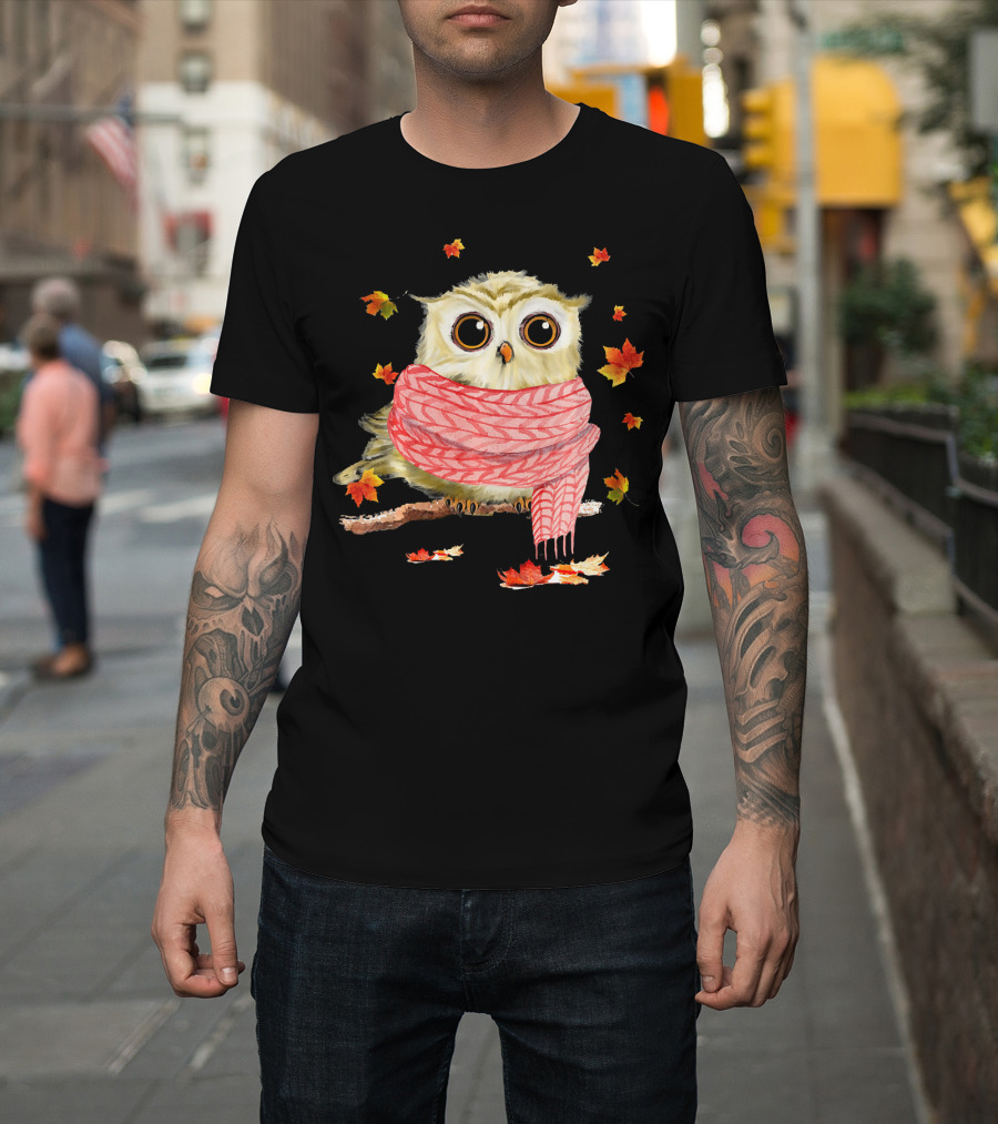 Maple Leaf Autumn Owl with Scarf T-Shirt