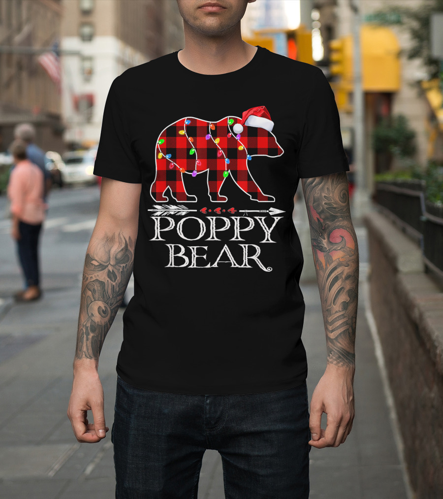 Poppy Bear Christmas Red Plaid Bear with Santa Hat and Lights T-Shirt