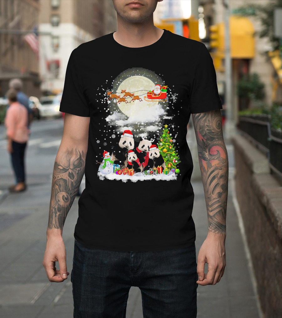 Panda Christmas Santa Sleigh with Reindeer and Festive Tree T-Shirt