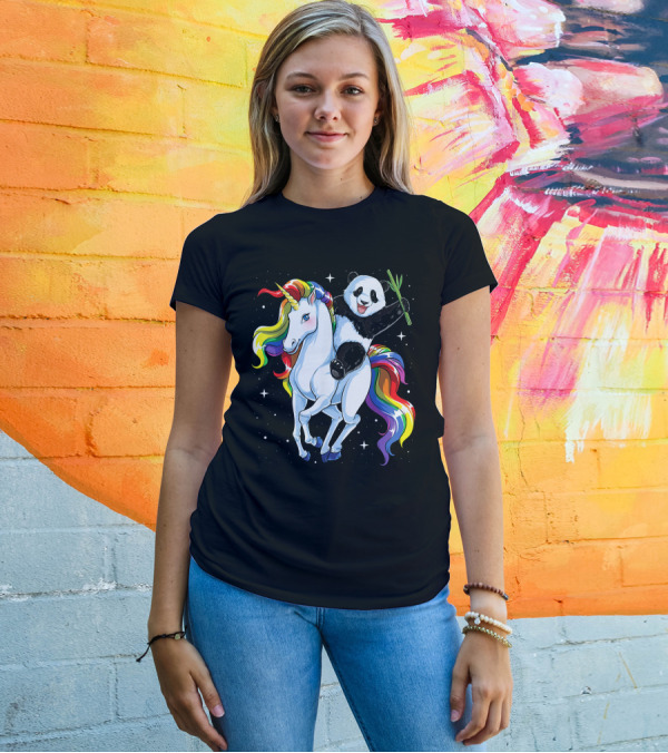 Panda Riding Rainbow Unicorn T-Shirt