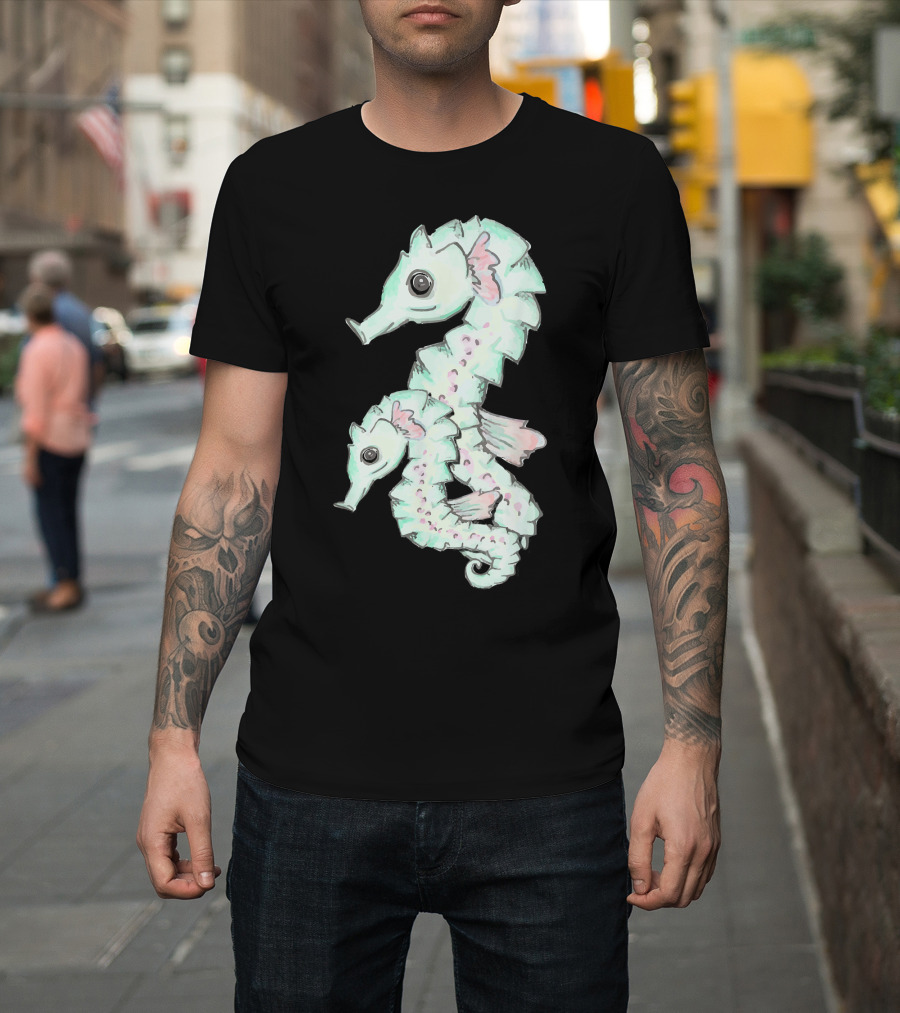 Pastel Hand Drawn Tropical Seahorses T-Shirt