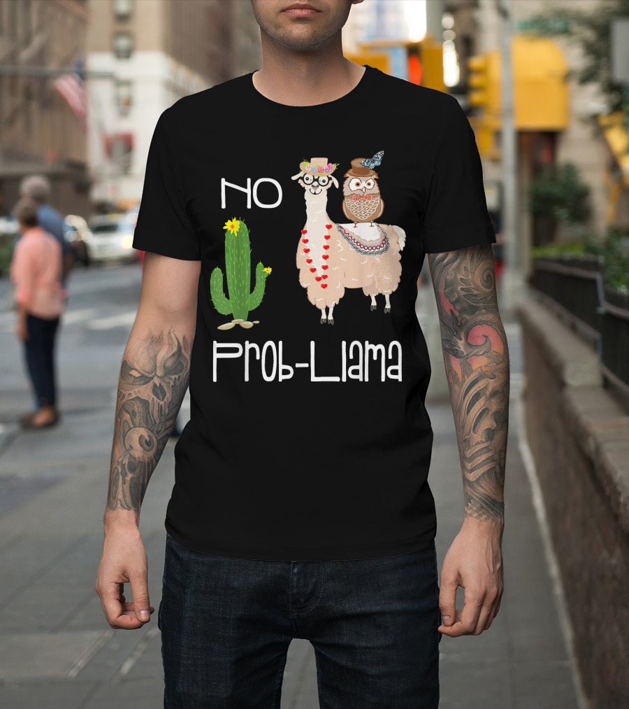 No Prob Llama Owl in Hat with Cactus and Hearts T-Shirt
