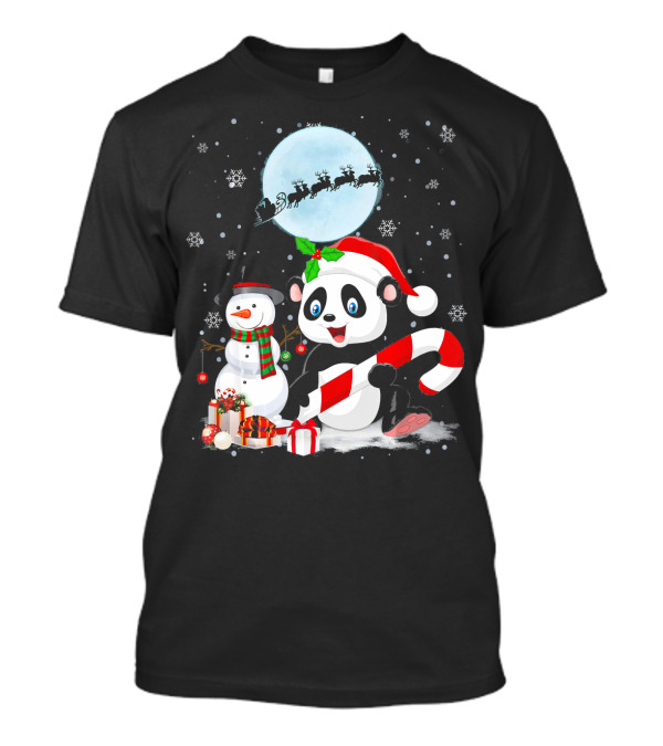Panda Santa Hat With Candy Cane And Snowman Under Christmas Moon With Sleigh T-Shirt