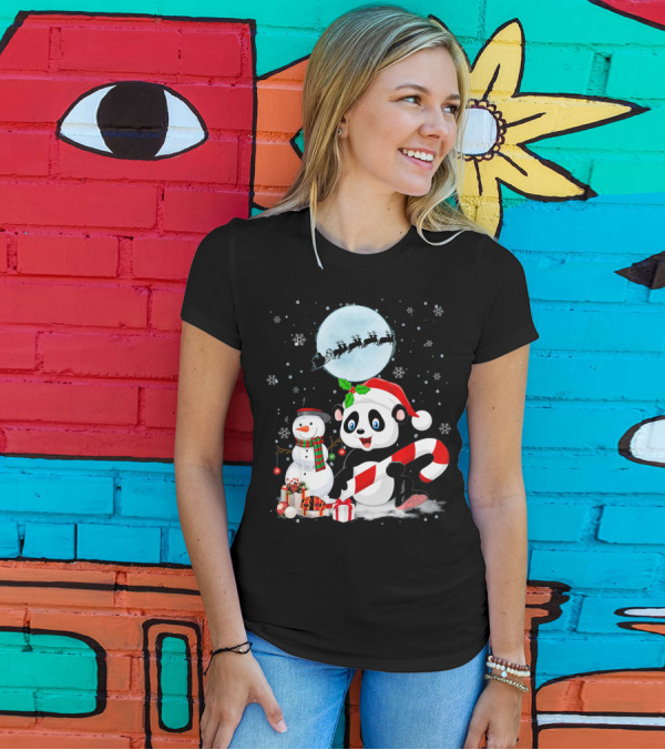 Panda Santa Hat With Candy Cane And Snowman Under Christmas Moon With Sleigh T-Shirt