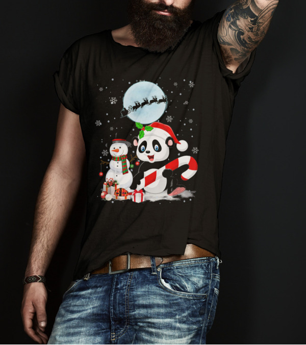 Panda Santa Hat With Candy Cane And Snowman Under Christmas Moon With Sleigh T-Shirt