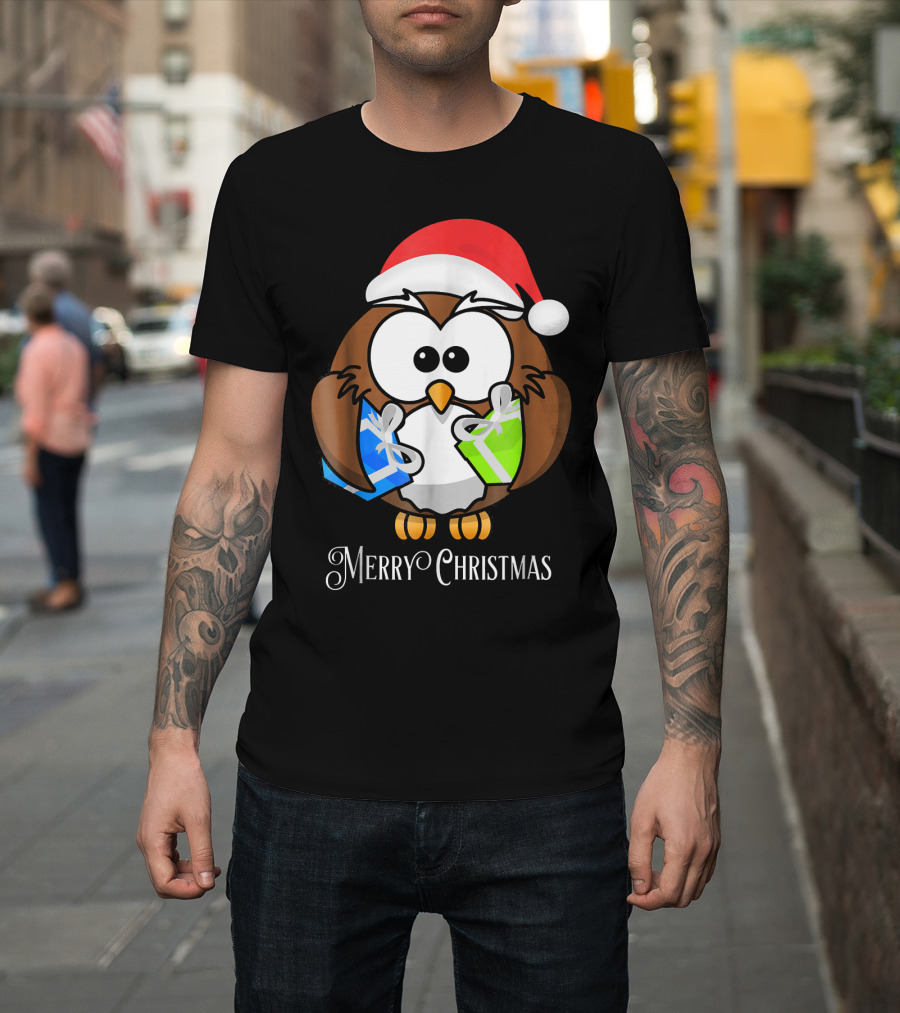 Merry Christmas Owl Santa Hat Holding Gifts T-Shirt