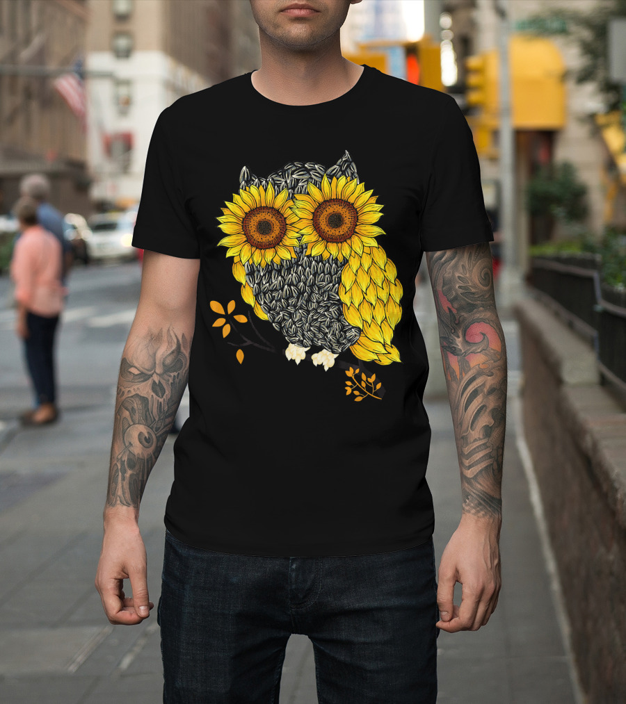 Sunflower Seeds Owl with Sunflower Eyes Halloween Bird Lover T-Shirt