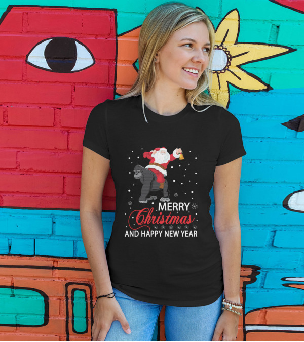 Merry Christmas Santa Riding Gorilla With Bell And Snowflakes Happy New Year T-Shirt