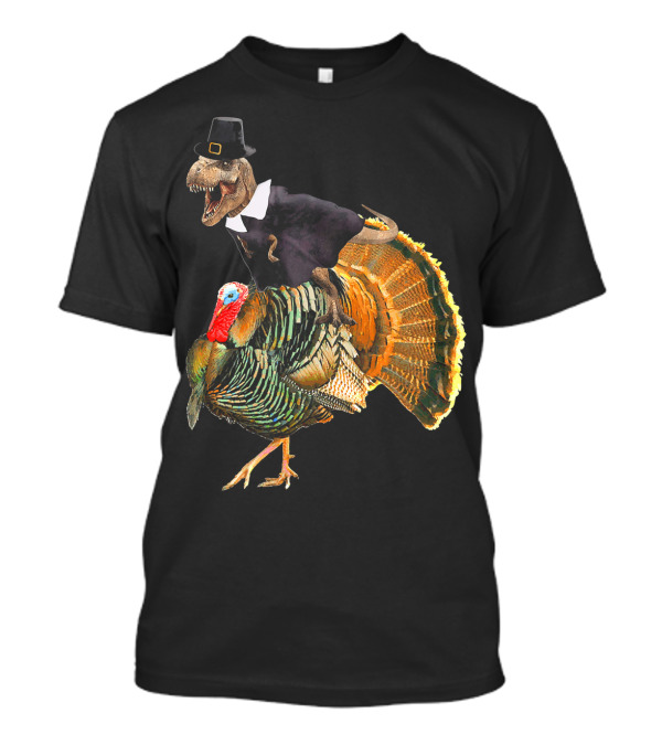 Dinosaur Pilgrim Costume Riding Turkey Thanksgiving Humor T-Shirt