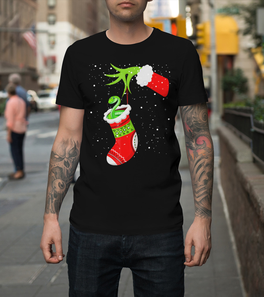 Christmas Ball Python Stocking Grinch Hand T-Shirt
