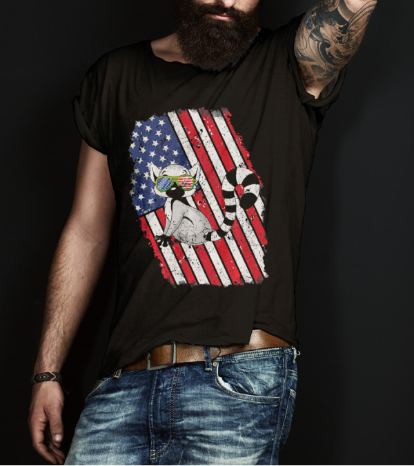 Lemur Wearing American Flag Sunglasses Stars And Stripes Background T-Shirt