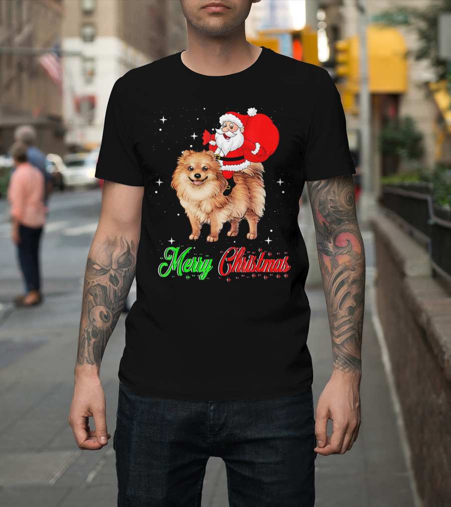 Merry Christmas Santa Riding Pomeranian T-Shirt