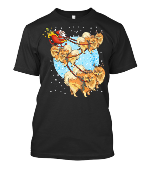 Pomeranian Dog Team Pulling Santa's Sleigh On Christmas Night T-Shirt