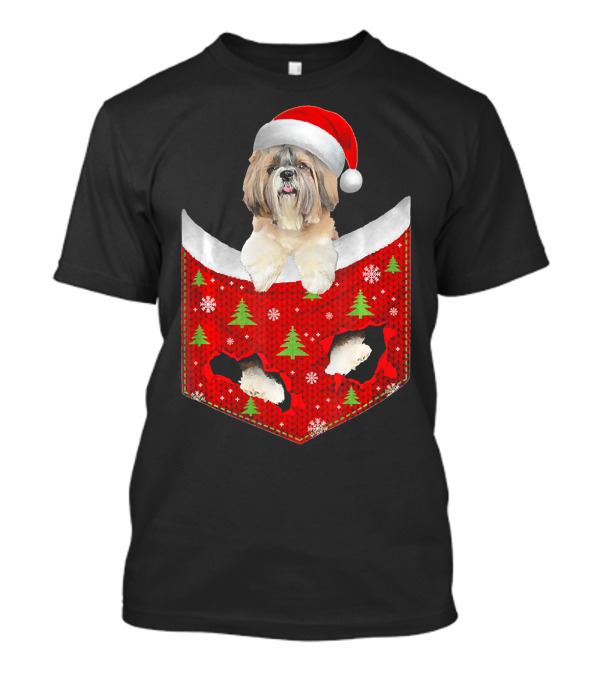 Shih Tzu Dog In Santa Hat With Christmas Trees And Snowflakes Pocket T-Shirt