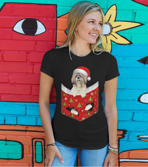 Shih Tzu Dog In Santa Hat With Christmas Trees And Snowflakes Pocket T-Shirt