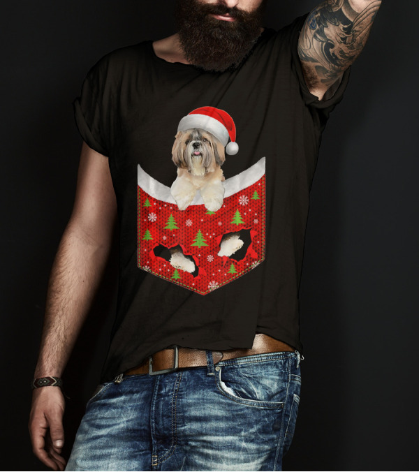 Shih Tzu Dog In Santa Hat With Christmas Trees And Snowflakes Pocket T-Shirt