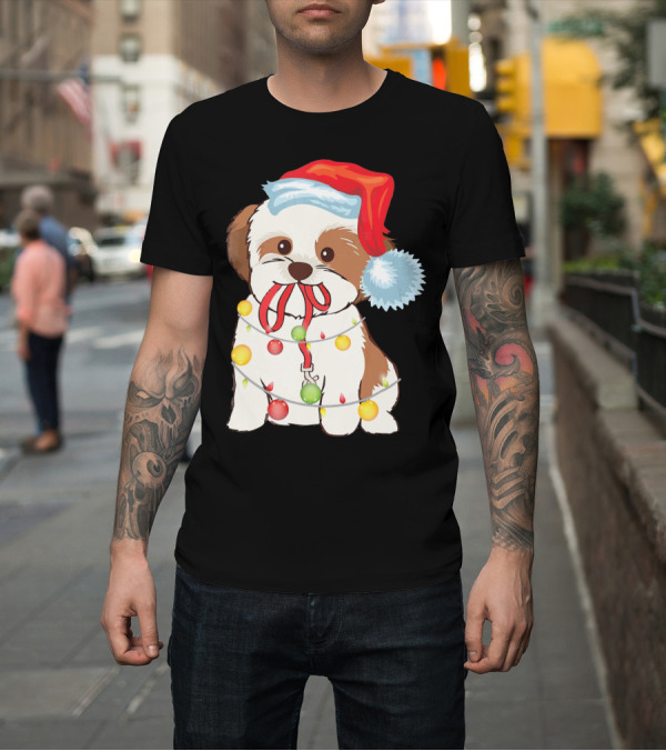 Shirt: Shih Tzu Dog Wrapped in Christmas Lights Wearing Santa Hat T-Shirt Shih Tzu Dog Wrapped in Christmas Lights Wearing Santa Hat T-Shirt