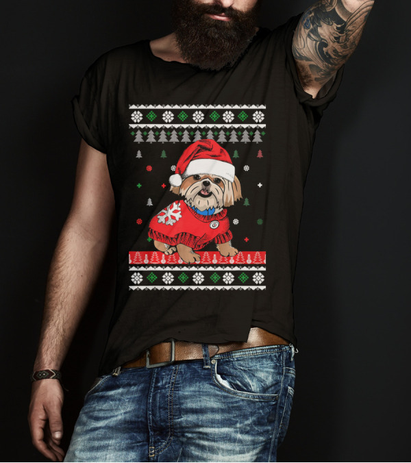 Cute Dog Shih Tzu Santa Hat Christmas Sweater Holiday Trees Snowflakes T-Shirt
