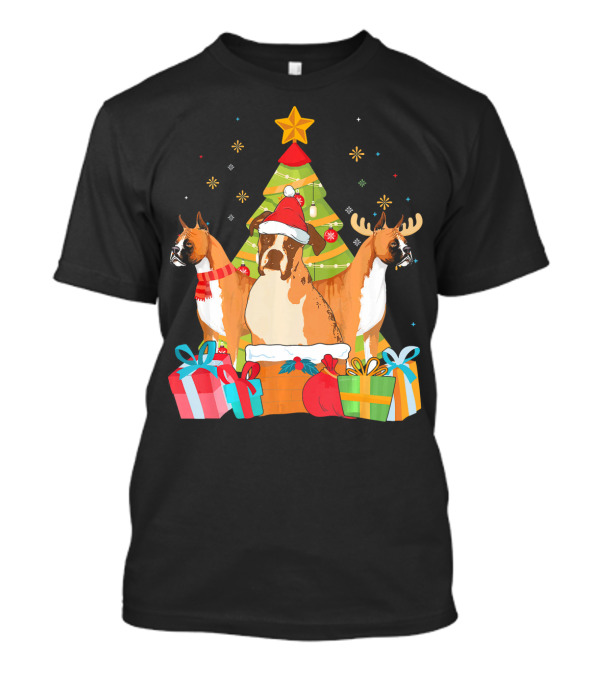 Christmas Boxer Dogs With Santa Hats And Reindeer Antlers By Xmas Tree T-Shirt