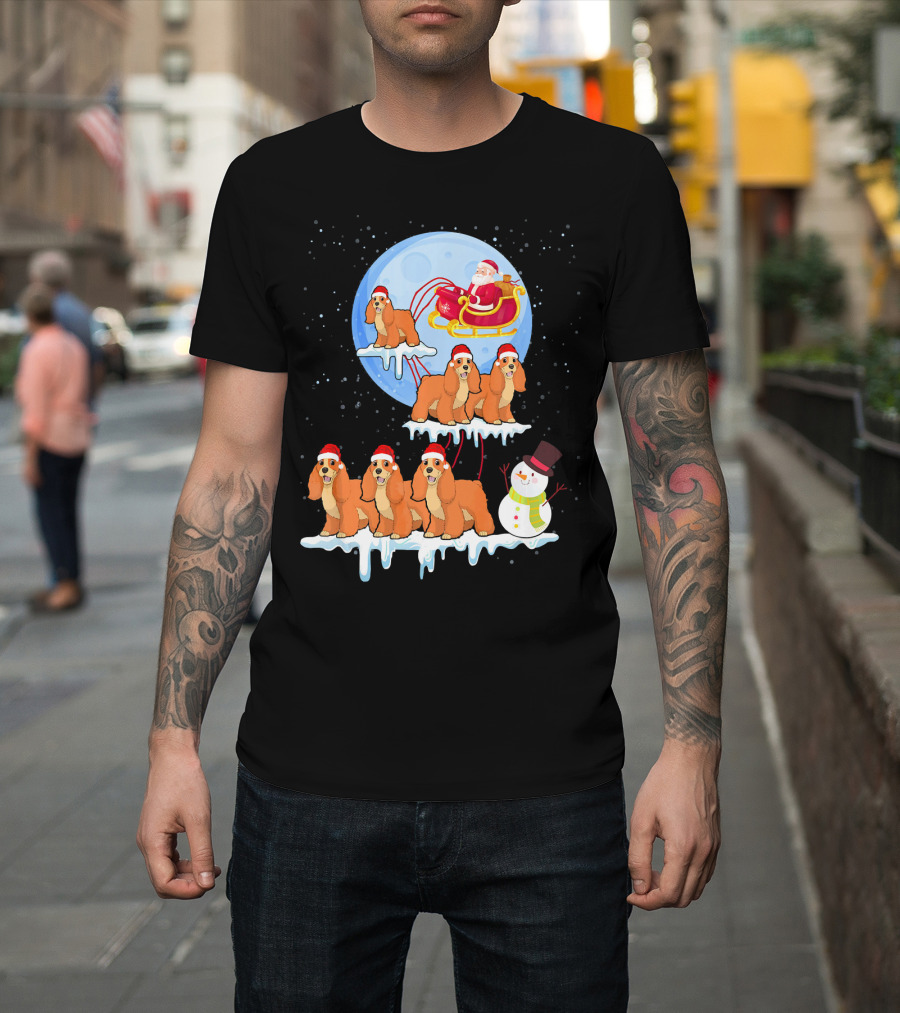 Funny Cocker Spaniel Christmas Dog Riding Sleigh with Santa and Snowman T-Shirt