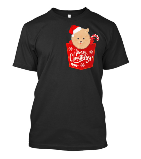 Merry Christmas Funny Pomeranian Dog In Santa Hat With Candy Cane Pocket T-Shirt