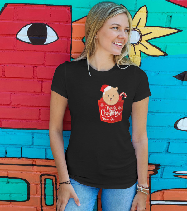 Merry Christmas Funny Pomeranian Dog In Santa Hat With Candy Cane Pocket T-Shirt