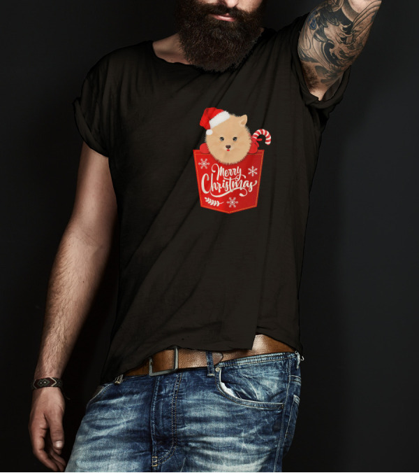 Merry Christmas Funny Pomeranian Dog In Santa Hat With Candy Cane Pocket T-Shirt