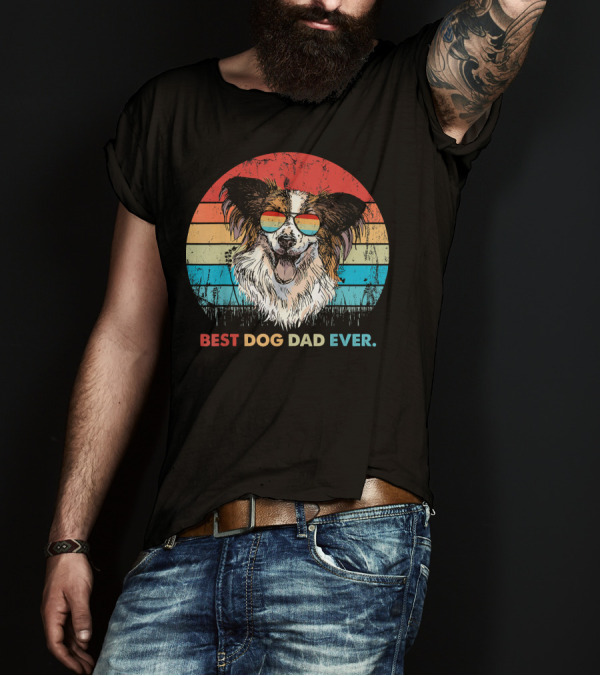 Mens Best Dog Dad Ever Papillon Dog Retro Sunglasses T-Shirt