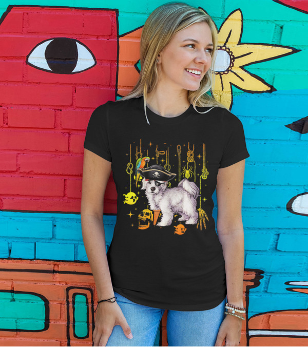 Maltese Pirate Halloween Dog Lovers Ghosts Skulls Parrot Spiders Ropes T-Shirt