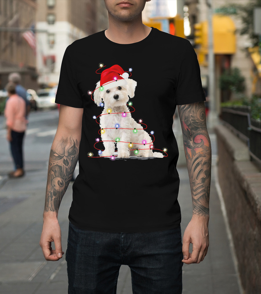 Maltese Christmas Santa Hat Wrapped in Festive Lights T-Shirt