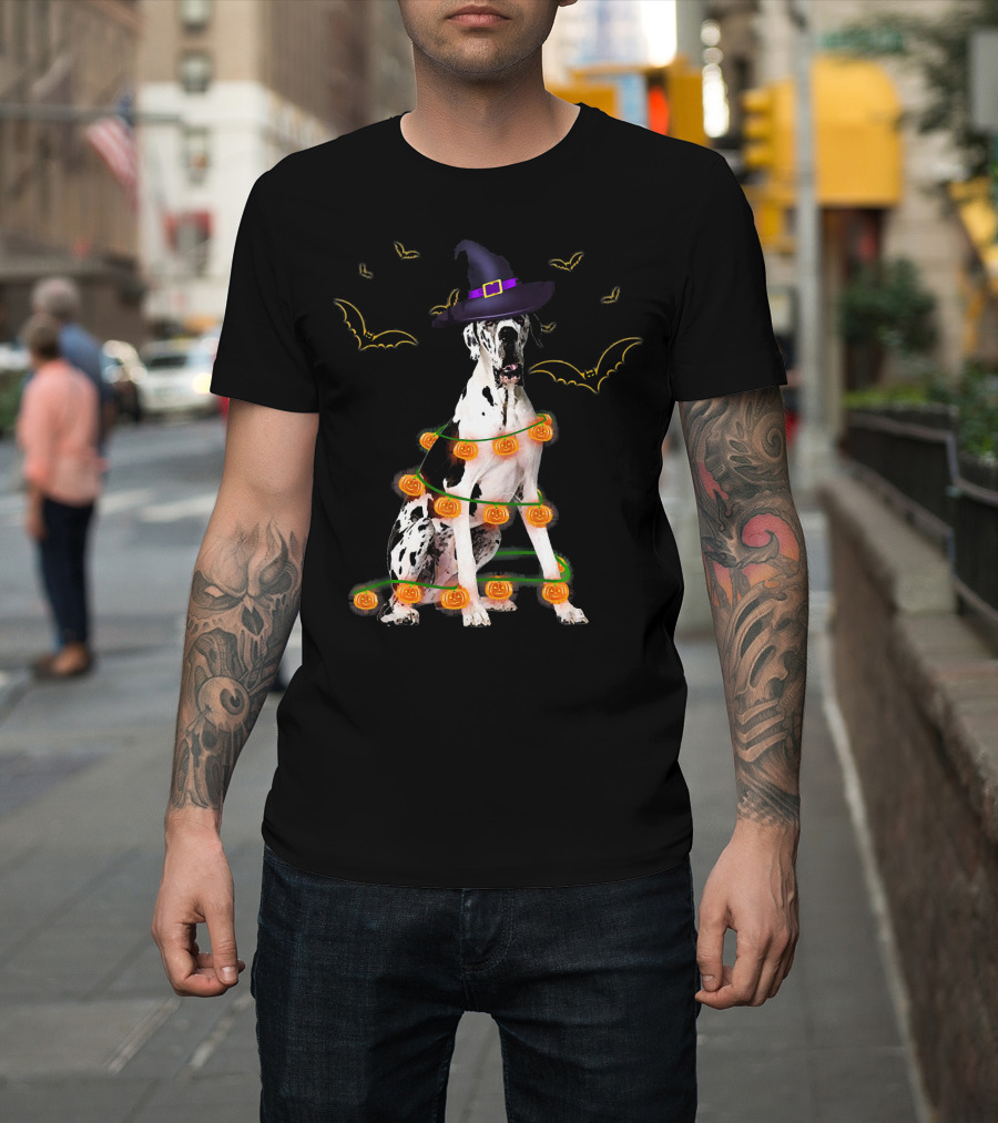Halloween Great Dane with Witch Hat and Pumpkin Lights T-Shirt