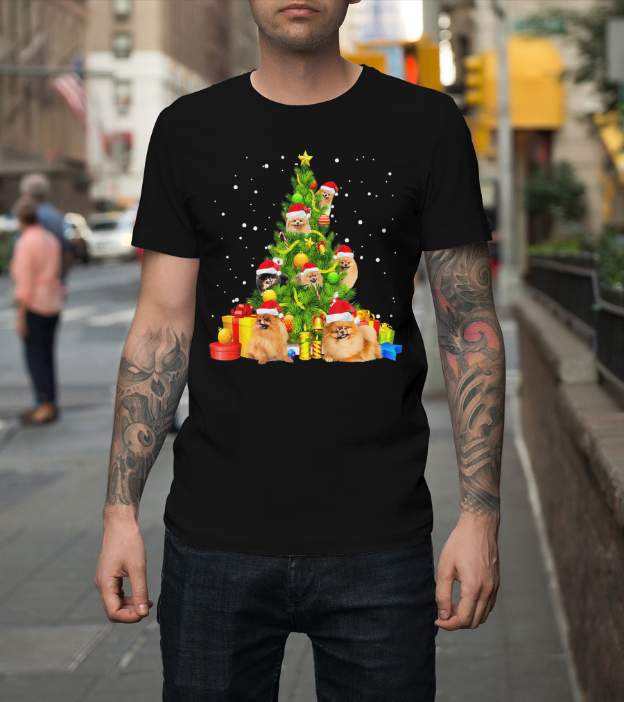 Pomeranian Puppies in Santa Hats as Christmas Tree with Presents T-Shirt