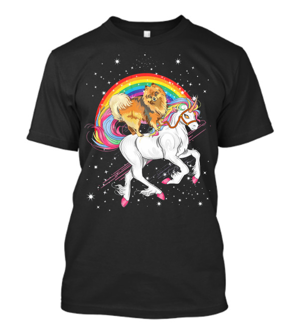 Pomeranian Riding Unicorn With Rainbow Space Galaxy Background T-Shirt