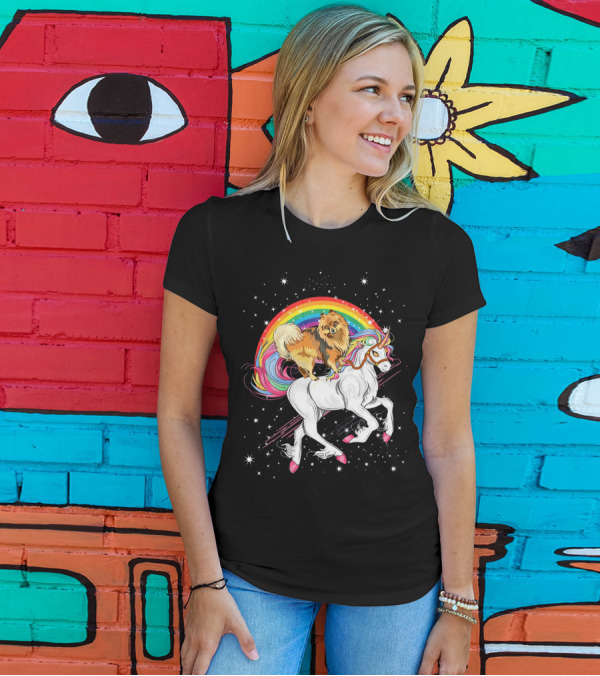 Pomeranian Riding Unicorn With Rainbow Space Galaxy Background T-Shirt