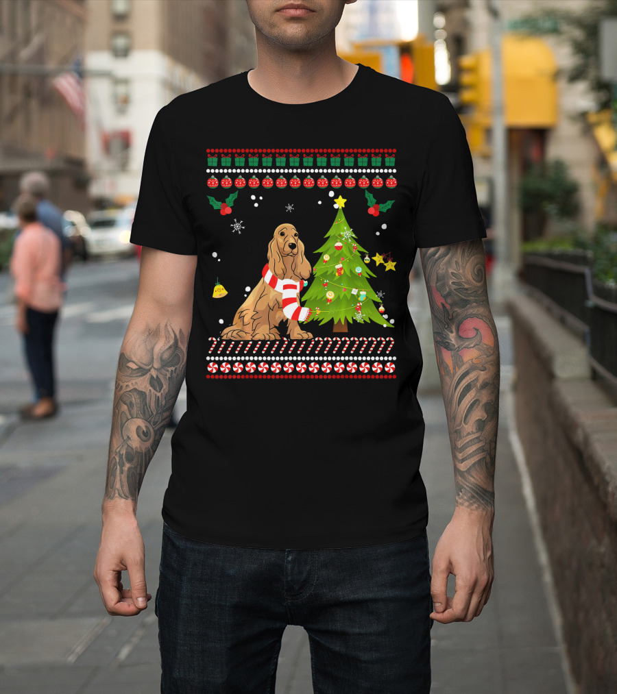 Cute Cocker Spaniel Christmas Pine Tree with Festive Decorations and Candy Canes T-Shirt