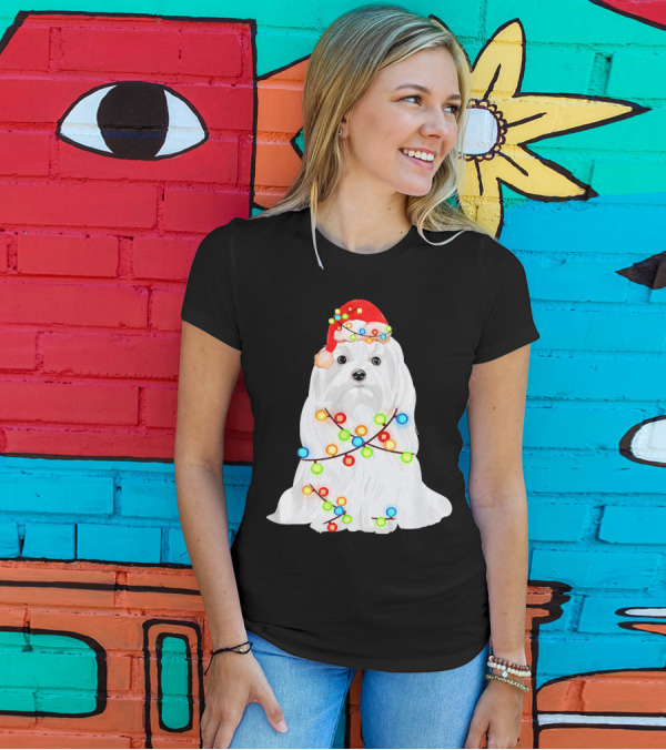 Maltese Santa Christmas Lights Wrapped Dog Lovers T-Shirt