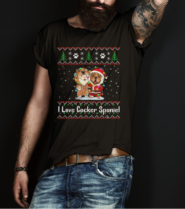 I Love Cocker Spaniel Christmas Santa Dogs And Holiday Trees T-Shirt
