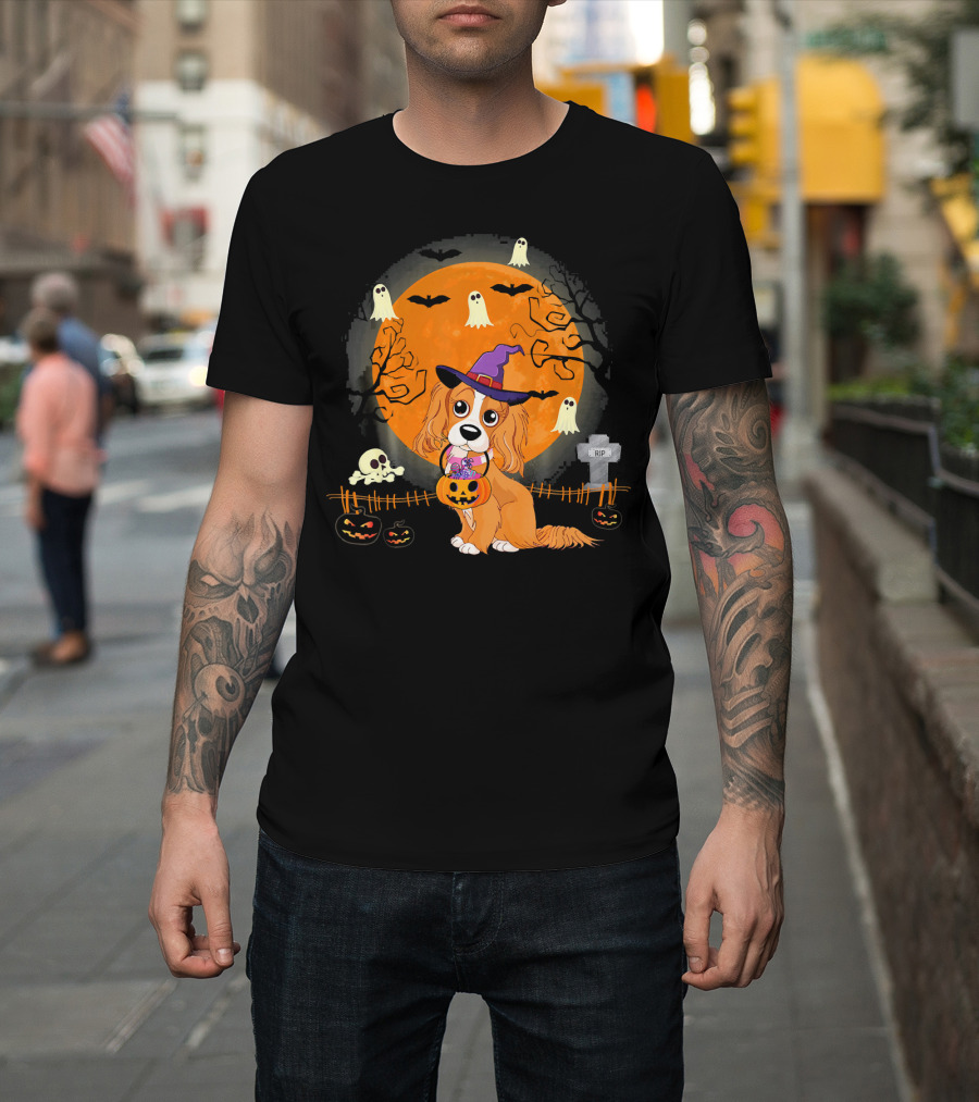 Cavalier King Charles Spaniel Dog Witch Halloween Ghosts Pumpkins Moon T-Shirt