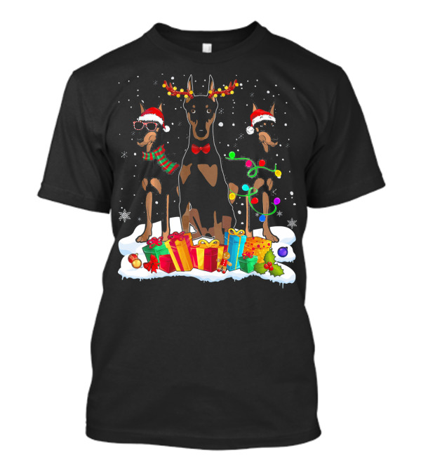 Doberman Christmas Santa Hat With Reindeer Antlers And Holiday Lights T-Shirt