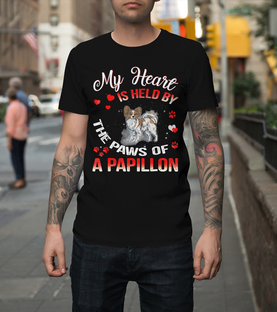 My Heart Is Held by the Paws of a Papillon with Heart and Paw Print Accents T-Shirt