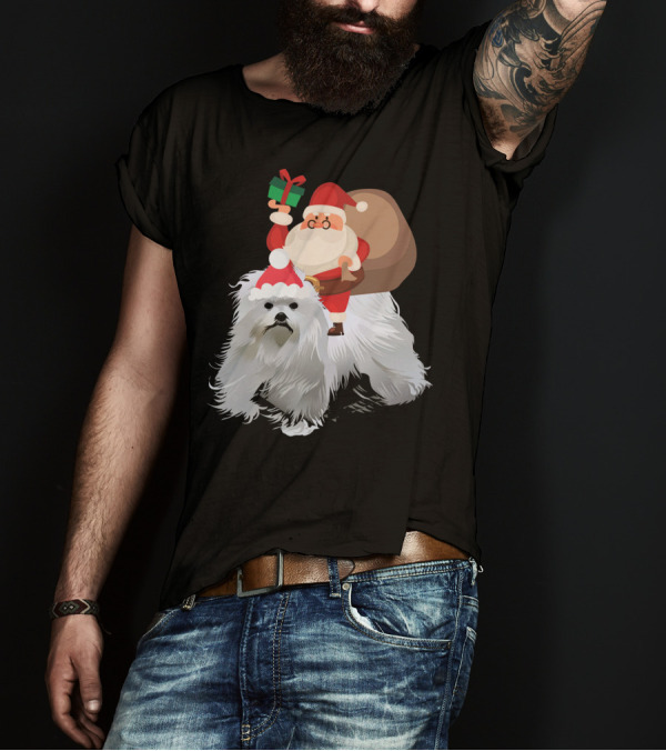 Santa Claus With Present On Maltese Dog T-Shirt