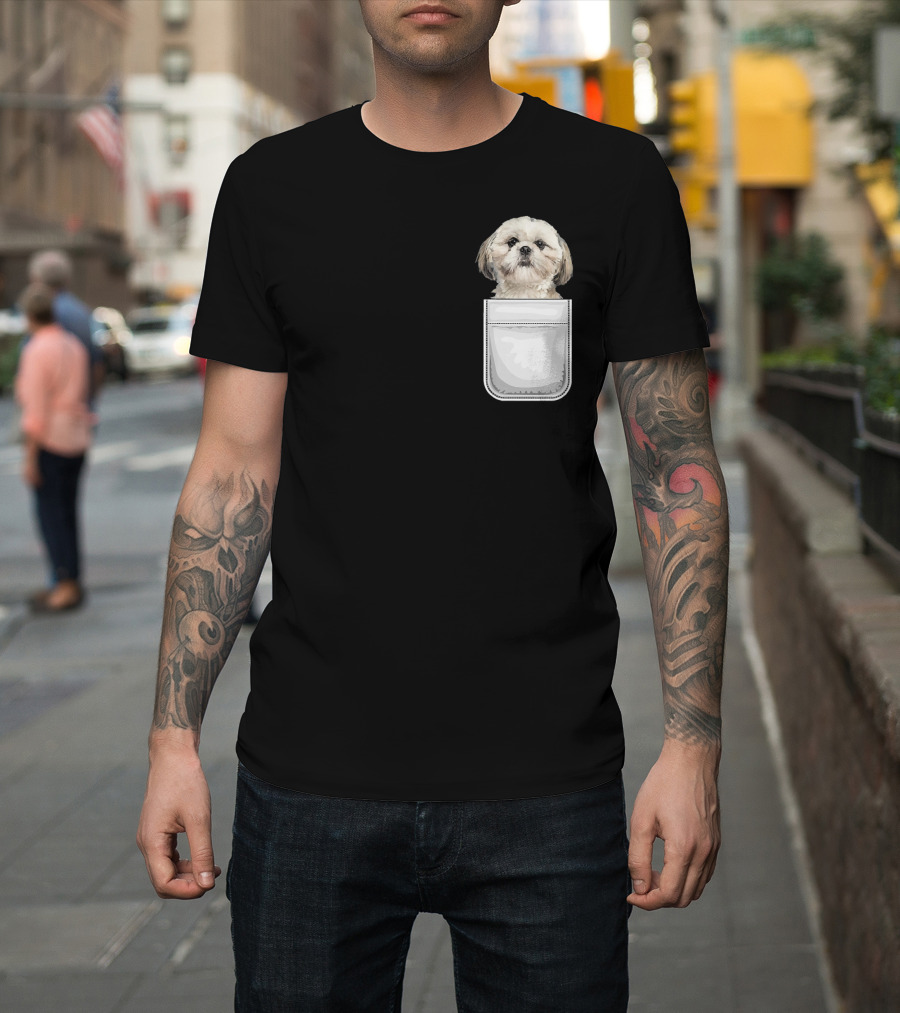 Shih Tzu Puppy Dog Peeking from Pocket T-Shirt