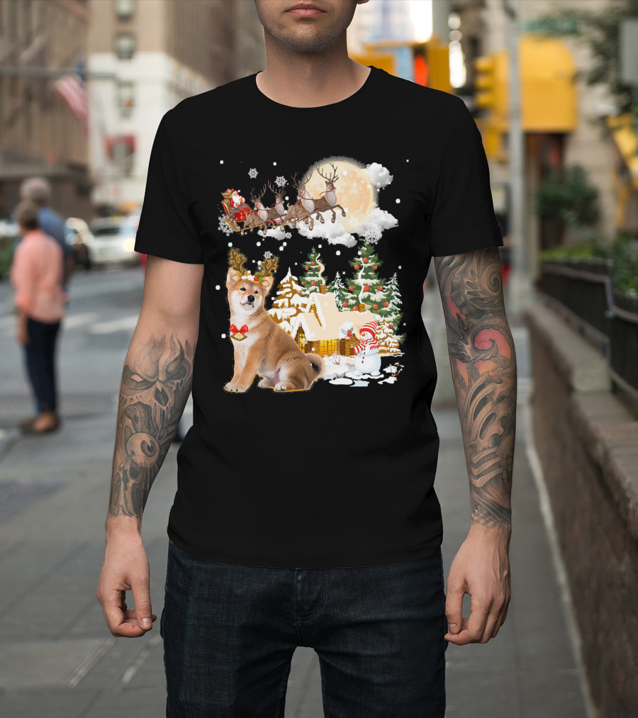 Santa Sleigh Akita Inu Snow Scene T-Shirt