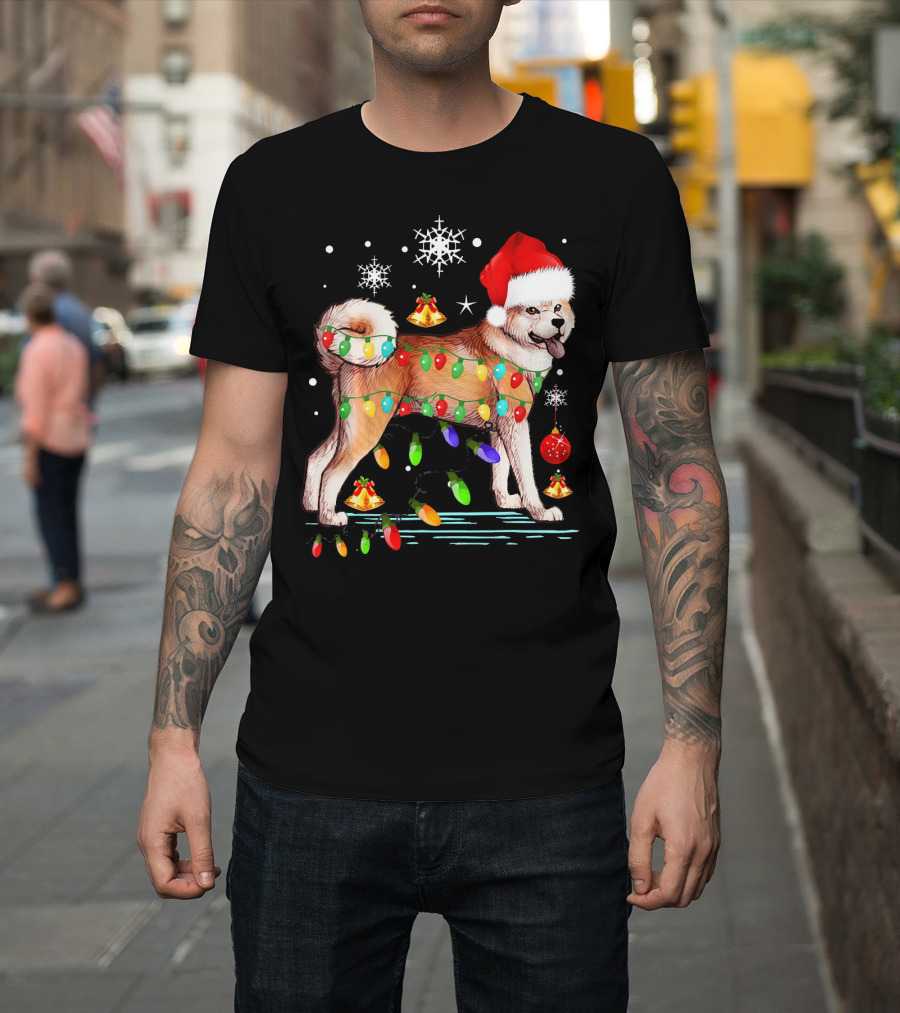 Christmas Lights Akita Dog Santa Hat Snowflakes and Bells T-Shirt