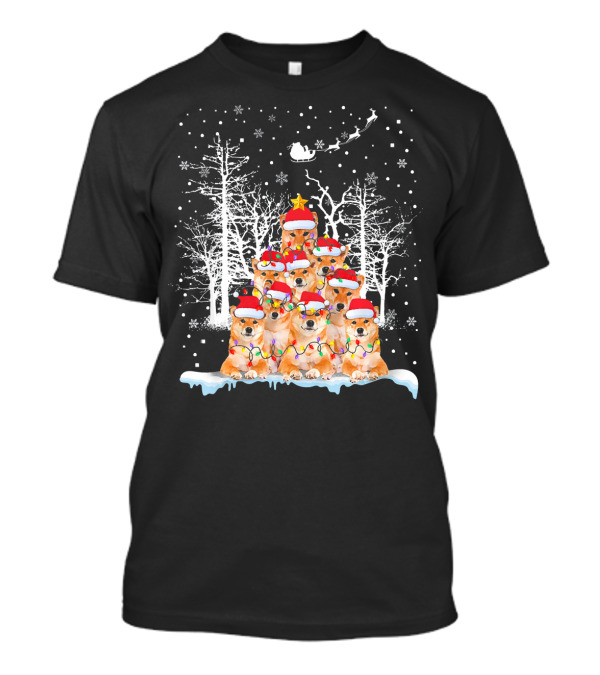 Akita Inu Christmas Tree With Santa Hats And Lights Dog Lovers T-Shirt